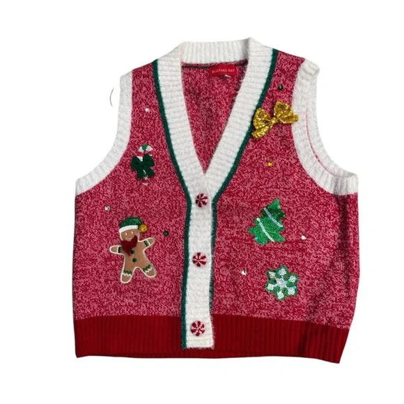Blizzard Bay Ugly Christmas Sweater Vest / Sequin Bow / Red White Pink / XL - Picture 1 of 4